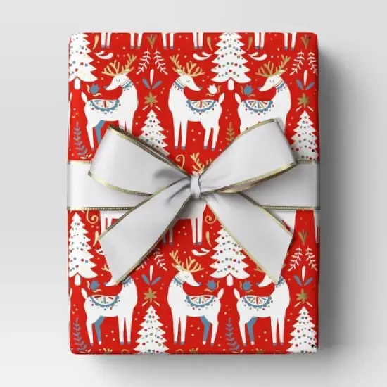 30&rdquo; 20 sq ft Christmas Roll Wrap Scandinavian Trees and Deer on Red - Wondershop&trade; image {1}