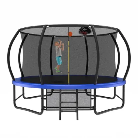 Aukfa 14FT Pumpkin Trampoline with Enclosure Net & Basketball Hoop,Outdoor Trampoline Set with Safety Net, Ladder, Balance Bar image {1}