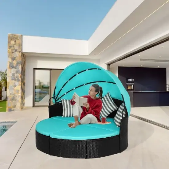 FDW Modern Outdoor Round Daybed with Retractable Canopy​, Blue image {1}