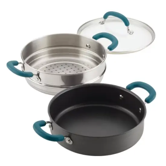Rachael Ray Create Delicious 3qt Hard Anodized Nonstick Saute Pan with Steamer Teal Handles image {2}