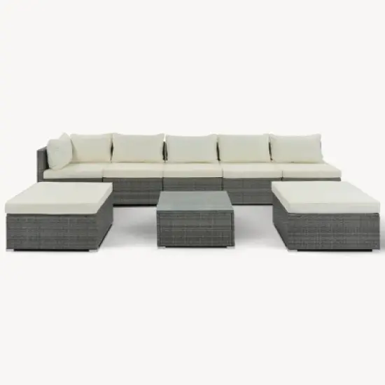 FIONECA 8-Piece Outdoor PE Wicker Patio Furniture Set, Modular Garden Sofa Set with Beige Cushions, Gray Rattan Conversation Set image {6}