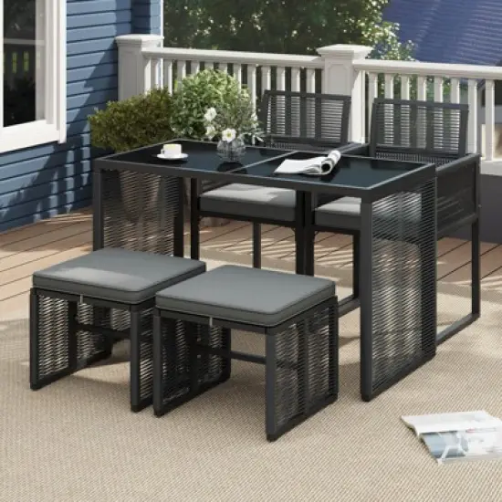 Costway 5 PCS&nbsp;PE&nbsp;Wicker&nbsp;Patio&nbsp;Dining&nbsp;Set Outdoor Conversation Set with Cushions image {10}