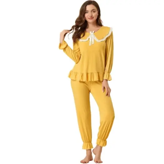 Allegra K Women's Sleepwear Lounge Peter Pan Collar Long Sleeve Ruffle Pajama Set image {6}