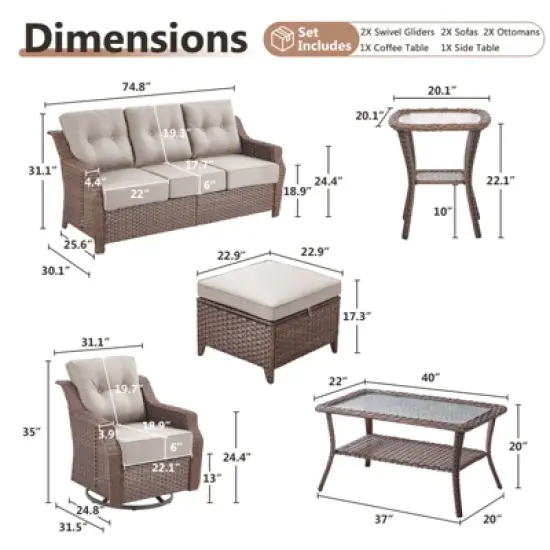 POCASSY 8 Piece 6-Inch Foam Thick Cushion Outdoor Furniture Set with Outdoor Sofa, Swivel Rocker Glider Chairs, Coffee Table, Ottomans, and End Table image {13}