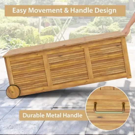 Costway 48 Gallon Acacia Wooden Patio Storage Deck Box Outdoor Storage Box with Wheels image {7}