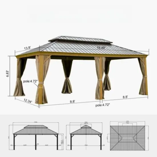 DSVIMOY 14'x20' Patio Hardtop Gazebo with Double Roof and Netting, Large Pavilion Gazebo for Patio Deck Garden, Yellow, 233.76"*165.6"*126.42" image {1}