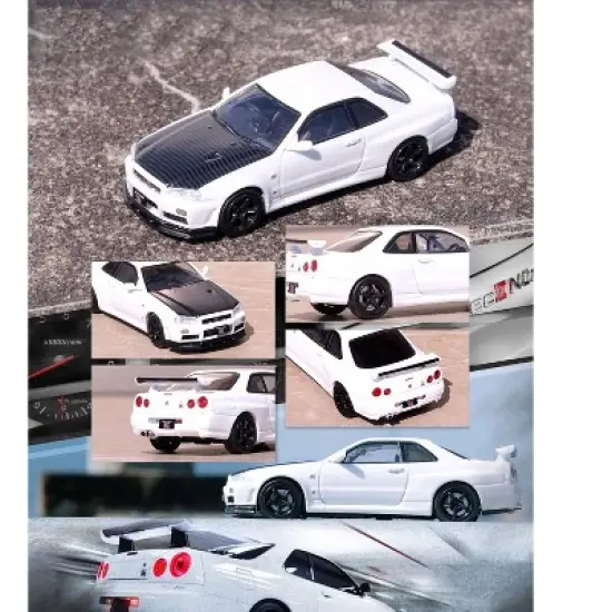 Nissan Skyline GT-R (R34) V-SPEC II N1 RHD (Right Hand Drive) White with Carbon Hood 1/64 Diecast Model Car by Inno Models image {2}