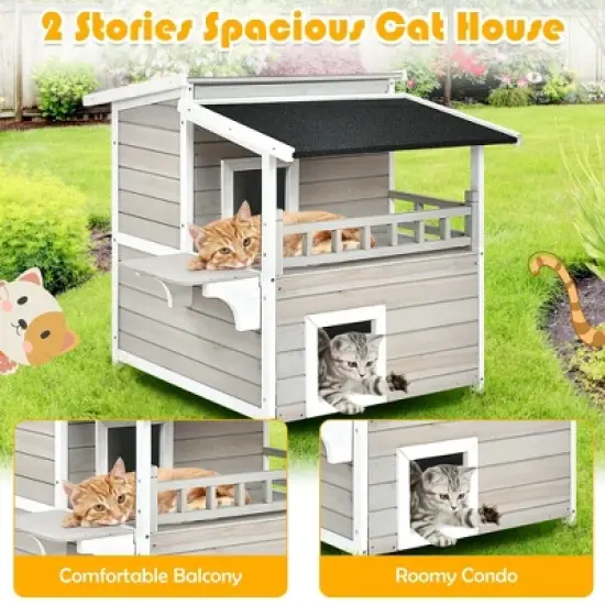 Costway 2-Story Wooden Patio Luxurious Cat Shelter House Condo w/ Large Balcony image {5}