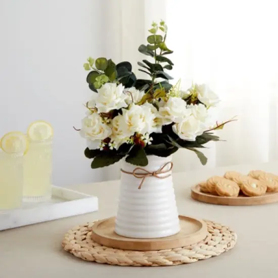 Farmlyn Creek 4 Piece Artificial White Roses, Fake Faux Flowers Plants with Ceramic Vase for Indoor Spring Home Decor image {1}