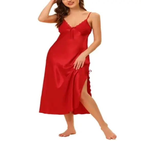 cheibear Womens Pajama Dress Spaghetti Strap Nightdress Cami Lounge Satin Nightgowns image {9}