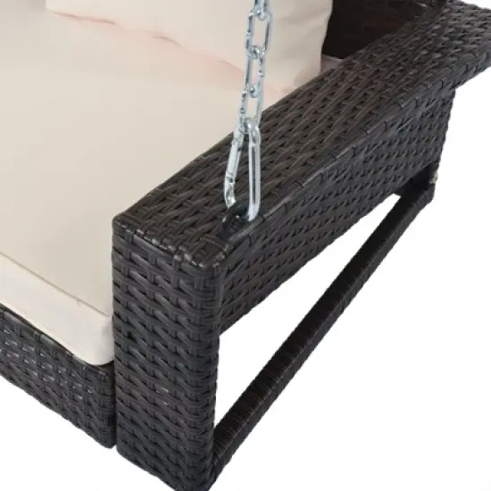 FIONECA 2-Person Wicker Hanging Porch Swing with Cushion & Pillow, Outdoor Rattan Swing Bench with Chains for Garden, Backyard, Pond (White/Gray) image {12}