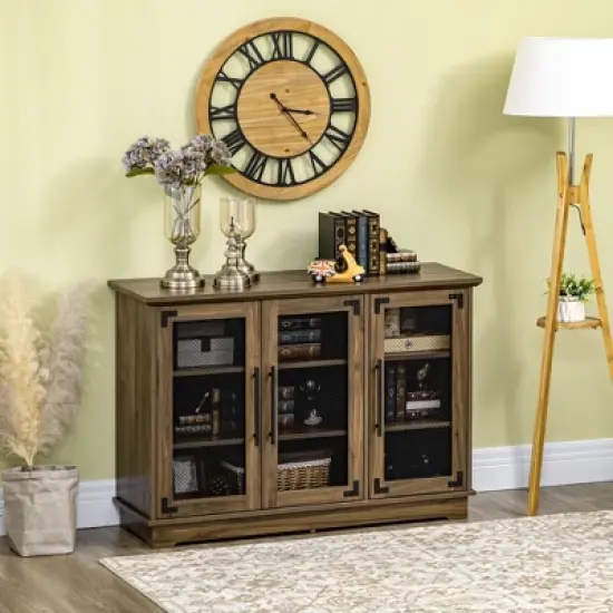 HOMCOM Farmhouse Buffet Cabinet, Sideboard, Kitchen Storage Cabinet with Adjustable Shelves and Wire Mesh Door, Coffee Bar for Living Room, Walnut image {1}