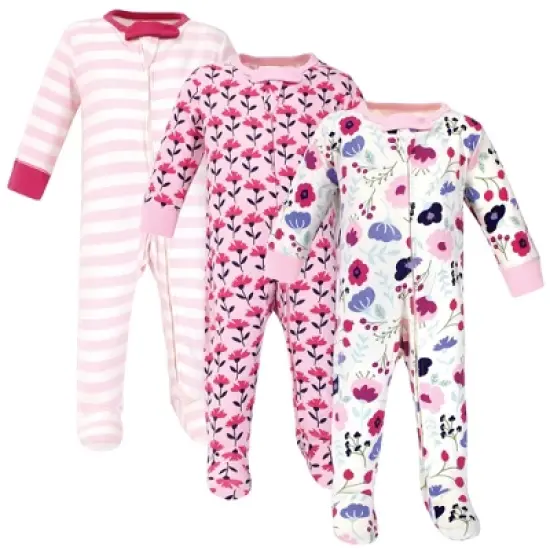 Touched by Nature Baby Girl Organic Cotton Zipper Sleep and Play 3pk, Pink Botanical image {1}