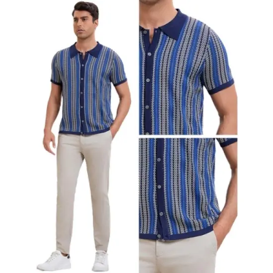 INSPIRE CHIC Men's Striped Knitted Summer Short Sleeves Button Down Jacquard Polo Shirts image {4}