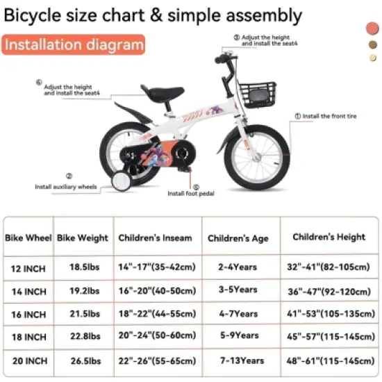 NAYSAYE Bicycle 18 Inch Kids Bike with Training Wheels Adjustable Saddle for Neighborhood Rides, White, 43.3"*20.3"*28.9" image {4}