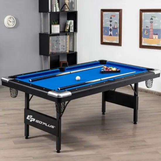 Costway 6 FT Billiard Table 76 Inch Foldable Pool Table Perfect for Kids and Adults Blue image {1}