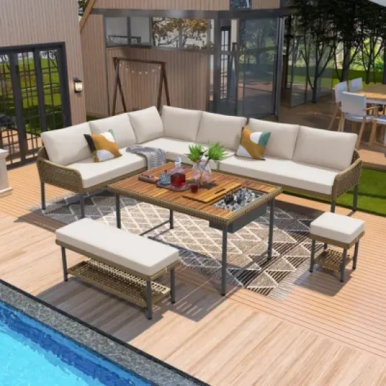 KTMBDW 6-Piece Rope Patio Furniture L-Shaped Set, Outdoor Sectional Sofa Set with Acacia Wood Table with Ice Box, Rope Benches for Garden, Porch, Deck image {1}