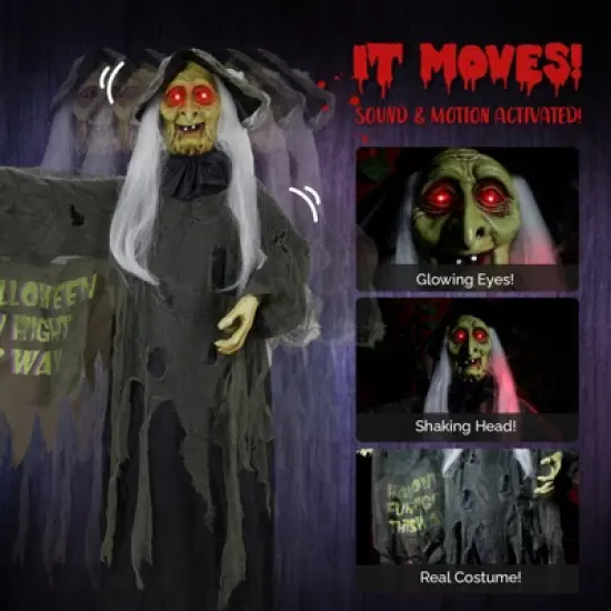 Slickblue Scary 6 FT Halloween Witch Prop with Motion Sensor, Talking Feature & Glowing LED Eyes image {4}