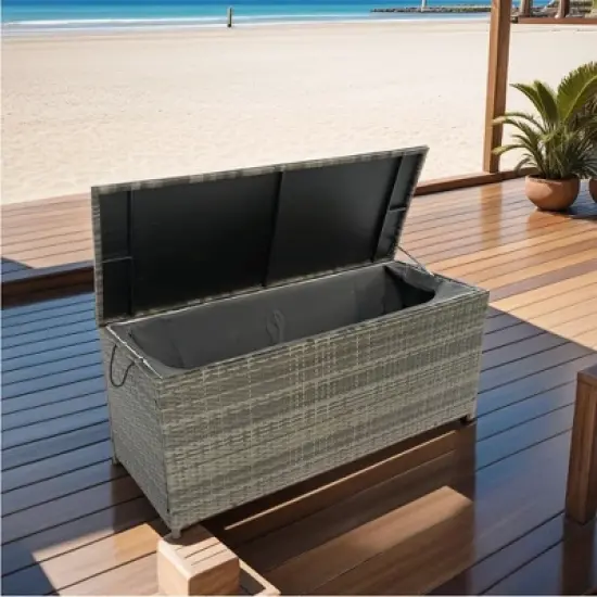 YOOCOZZ 113-Gallon Outdoor Wicker Rattan Deck Box with Large Storage Space, Lid and Removable Liner - Grey image {1}