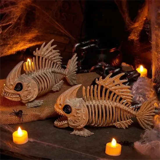 Joyfy 2 PCS 9.5" Halloween Fish Skeleton Decorations Plastic Fish Bone Halloween Indoor Outdoor Decor Party Favors Haunted House Graveyard Props image {6}
