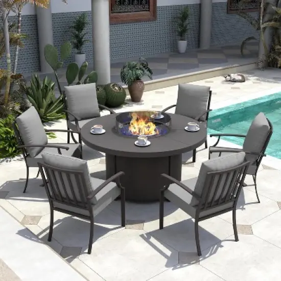 ALAULM 7 Piece Metal Outdoor Patio Furniture Set with 48" Round Fire Pit Table image {8}