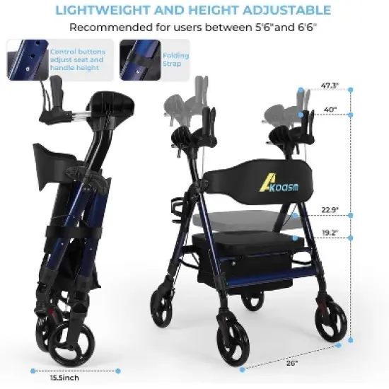 JUJABU Heavy-Duty Foldable Upright Rollator Walker for Seniors with Padded Seat, Adjustable Handles and All-Terrain Wheels image {4}