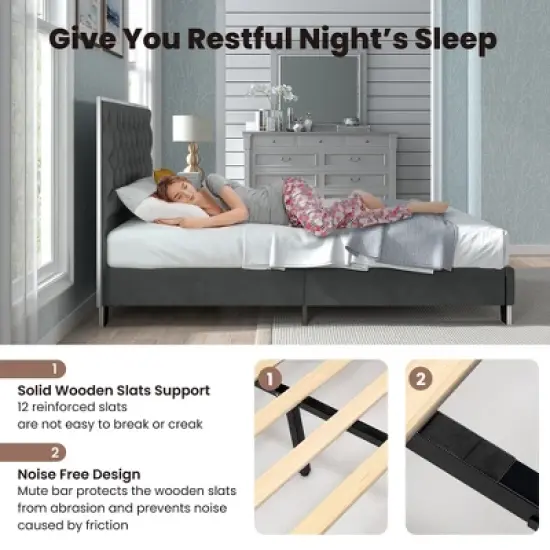 Costway  Upholstered Bed Mattress Foundation with Button Tufted Velvet Headboard image {7}
