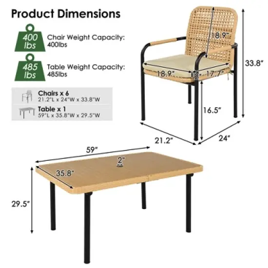 FIONECA 7-Piece Outdoor Wicker Patio Dining Set with Plastic-Wood Table Top, Umbrella Hole, Oatmeal Cushions &uml;C Backyard, Garden & Poolside Furniture image {5}
