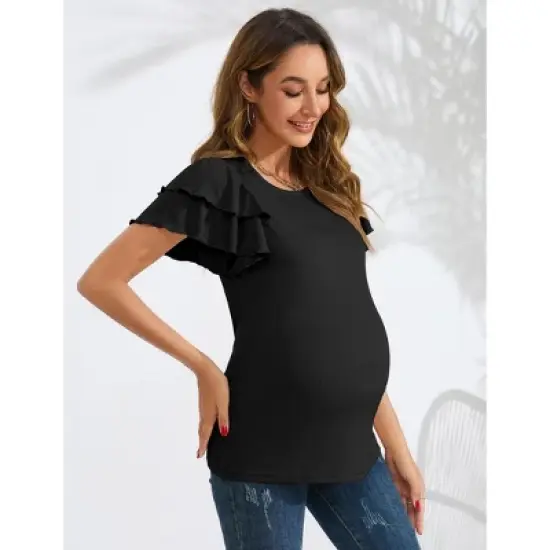 Coolmee Women's Maternity Shirts Nursing Tops Flying Short Sleeve Breastfeeding Tees Lightweight Side Ruched Pregnancy Clothes M Black image {3}