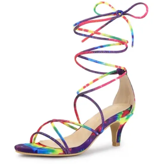 Allegra K Women's Lace Up Strappy Tie Dye Kitten Heels Sandals image {6}