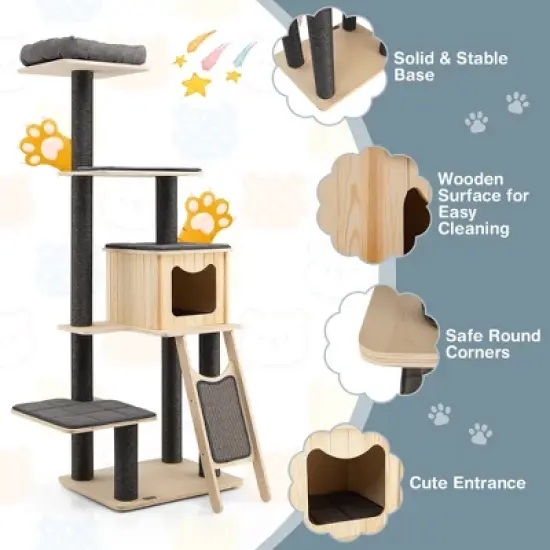 Tangkula 69 in Modern Wood Cat Tree 5-Tier Tall Cat Tower w/ Washable Cushions image {3}