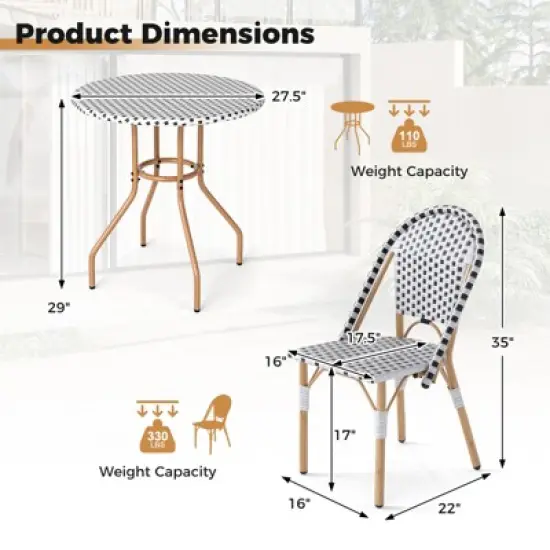 Tangkula 3 Piece French Bistro Table Chair Set Outdoor Wicker Round Table & 2 Dining Chairs image {8}