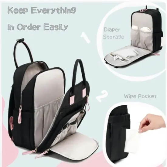 Itopfox Large Diaper Backpack with 18 Pockets, Water-Resistant Nylon, Insulated Bottle Holders, Stroller Straps (Black) image {2}