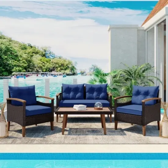 FIONECA 4-Piece Patio Furniture Set, PE Rattan Outdoor Sofa with Cushions & Wood Table, Garden Conversation Set, Brown & Blue image {2}