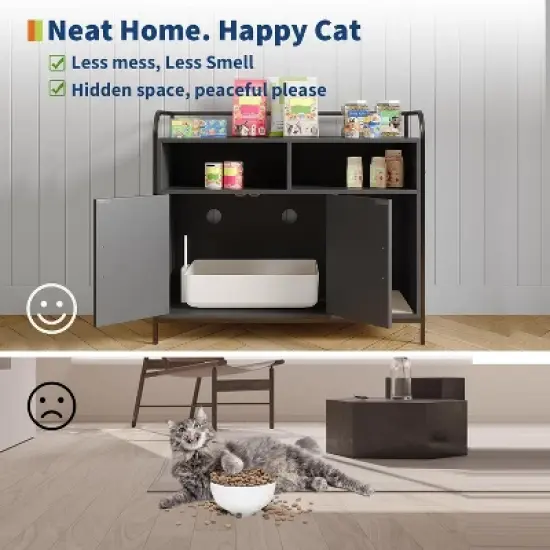 Nasitip Hidden Cat Litter Box Enclosure with Metal Frame & Storage Shelves, Modern Side Table Cat House, White/Black image {2}
