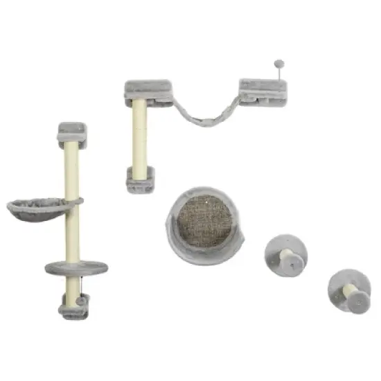 PawHut 5 Piece Cat Wall Shelves, Wall Mounted Cat Shelves w/ Hammock, Perches, Ladder, Scratching Posts, Cat Wall Furniture for Climbing and Relaxing image {3}