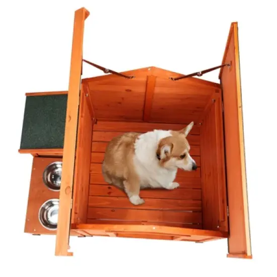 SEVOBAL Pet Crates and Houses Premium Wooden Dog House, Spacious Indoor, Outdoor Shelter with Food Storage, Feeding Station, Orange, 35.8"*29.1"*7.5" image {4}