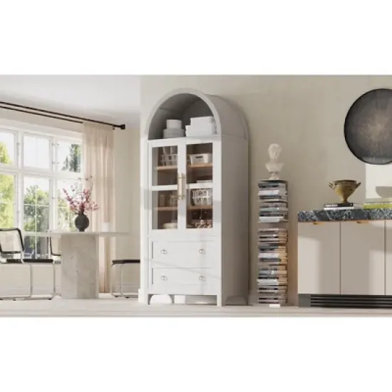 ORRD 71" White Arched Pantry Cabinet with 2 Drawers & Glass Door, Adjustable Shelves, Farmhouse Storage for Kitchen & Dining Room image {3}