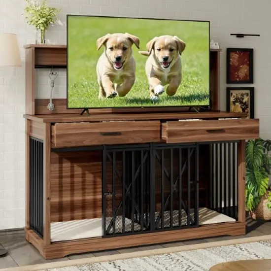 55" Wooden Dog Crate Furniture for 2 Dogs,Indoor Dog Kennel with Divider,Drawers and Barn Doors,Dog Crate TV Stand-Maison Boucle image {2}