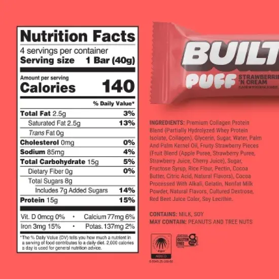 Built Bar Strawberries 'N Cream Puff Protein Bars - 15g Protein - 4ct image {4}