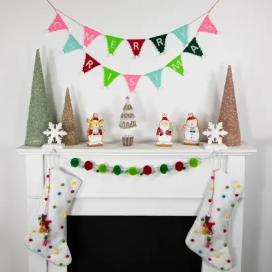 Northlight 20" White Christmas Stocking with Multicolor Pom-Poms and Tassels image {1}