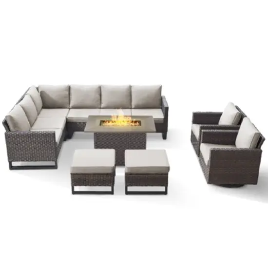 POCASSY 8 Piece Outdoor Sectional Patio Furniture Set, All Weather Brown Wicker Outdoor Furniture Set with Swivel Chair and 41" Propane Fire Pit image {2}