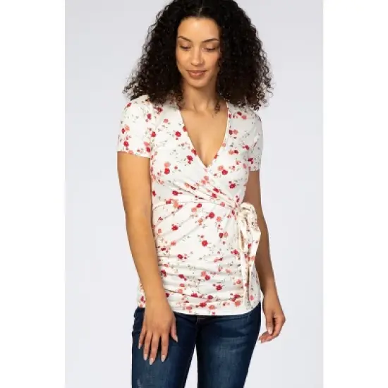 PinkBlush Ivory Floral Wrap Fitted Maternity/Nursing Top image {5}