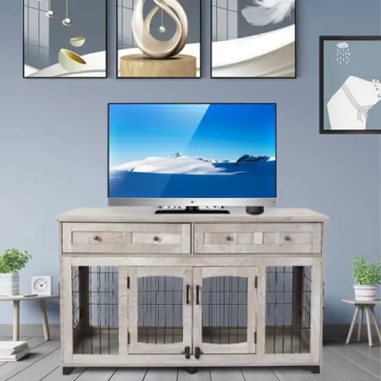 58" Wooden Dog Crate Furniture with Openable Partition, 2 Drawers, 5-Doors, 2 Rooms and TV Stand Function, Ideal for Indoor Use (Grey) image {1}