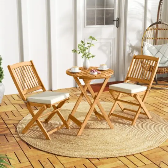 Tangkula 3 PCS Patio Bistro Set Acacia Wood Folding Set w/ Round Coffee Table & Padded Cushion Outdoor Chair and Table Set for Balcony Garden Beige image {3}