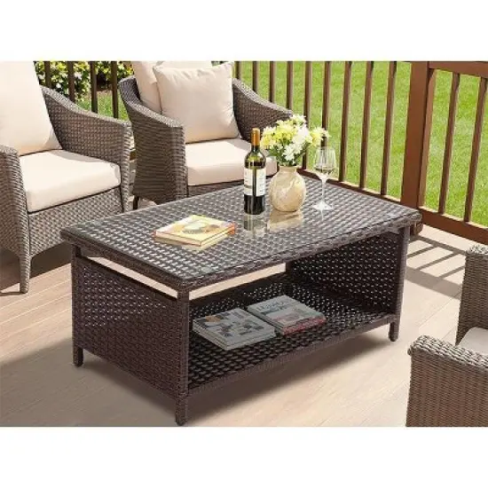 Karl Home| 2-Layer Brown Outdoor Wicker Coffee Table With Glass Tabletop image {3}
