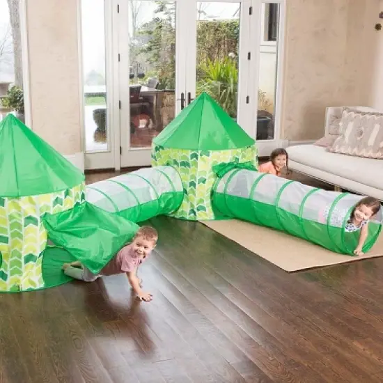 HearthSong Indoor Outdoor Two Green Pop-Up Play Tents and Two Tunnels for Kids image {7}
