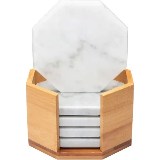 D'Eco White Carrara Marble Coasters w/ Bamboo Holder - Set of 5 - Tabletop Protection- Fits Any Size Wine Glass, Cup, Mug - Great Mother's Day Gift image {5}