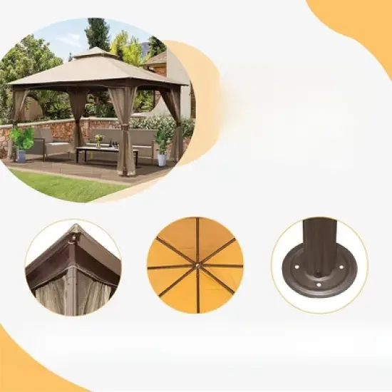 DSVIMOY Canopies and Gazebos, Outdoor Gazebo with Mosquito Netting, Gazebo Canopy Tent for Deck Backyard Garden, Brown, 156"*120"*120" image {3}