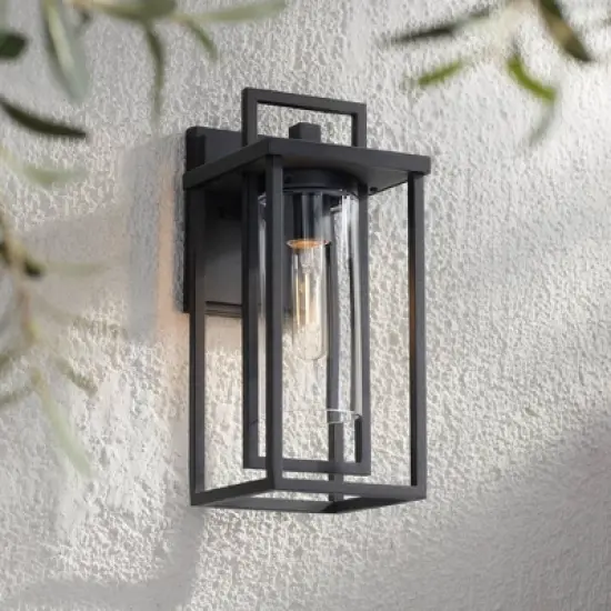 Possini Euro Design Raynor 13 1/2" High Modern Outdoor Wall Barn Light Fixture Mount Porch House Weatherproof Sand Black Aluminum Clear Glass Shade image {1}
